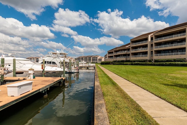 dock area with a yard and a water view