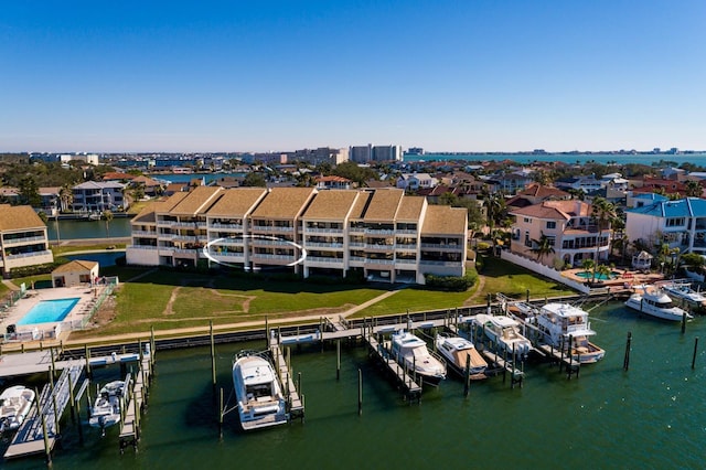 birds eye view of property featuring a water view