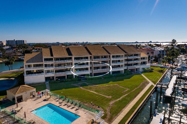 drone / aerial view with a water view