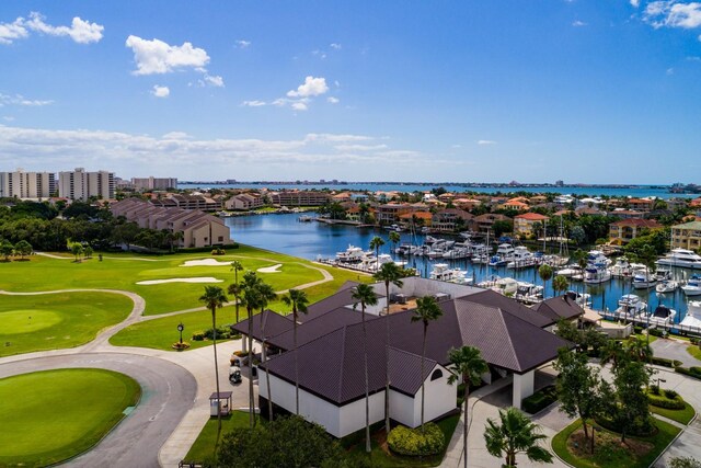 aerial view featuring a water view