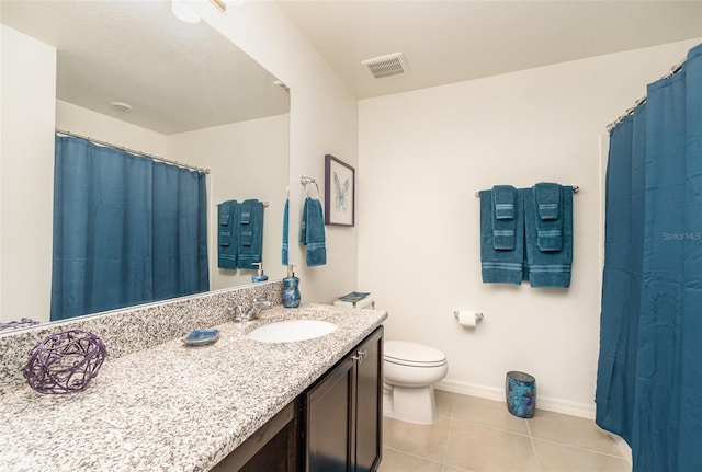 bathroom with toilet, tile patterned floors, and vanity