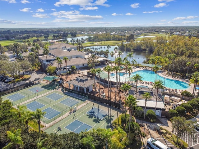 bird's eye view with a water view