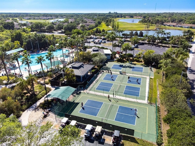 drone / aerial view with a water view