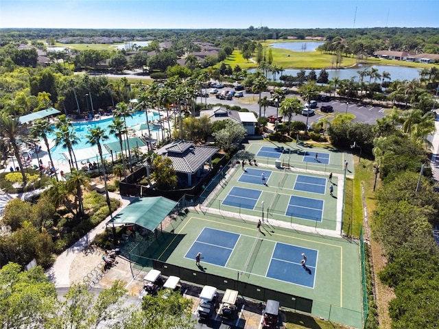 bird's eye view with a water view