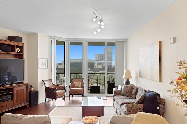 living room with plenty of natural light, rail lighting, floor to ceiling windows, and hardwood / wood-style floors