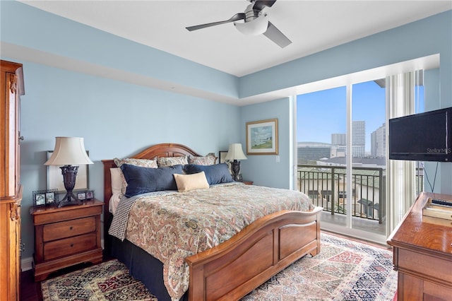 bedroom featuring access to exterior and ceiling fan