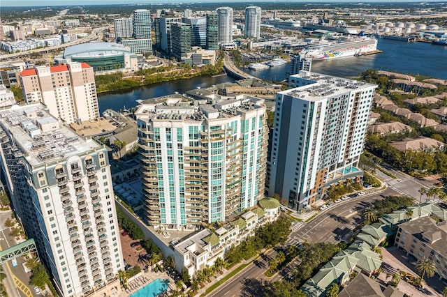 bird's eye view with a water view