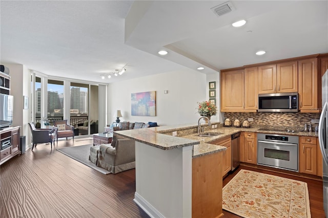 kitchen with sink, dark wood-type flooring, appliances with stainless steel finishes, light stone counters, and kitchen peninsula