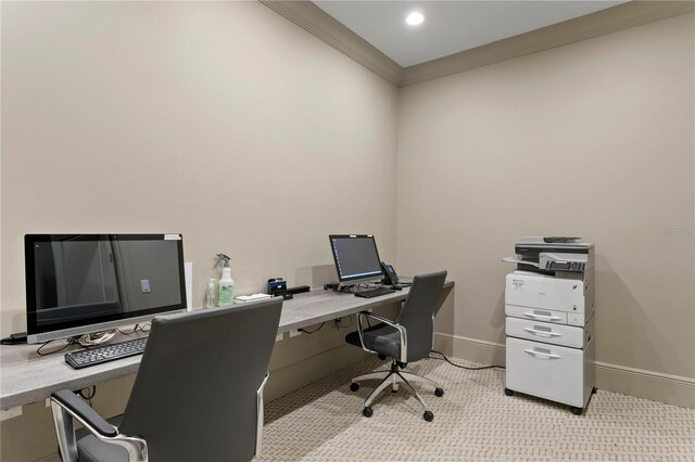 carpeted office featuring ornamental molding