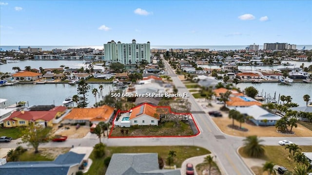 aerial view featuring a water view