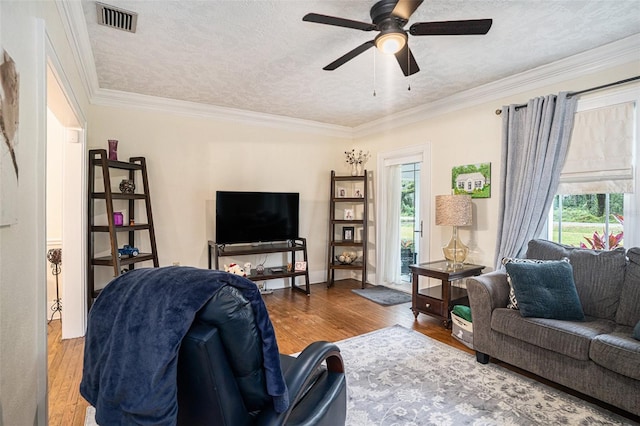 living room with wood-type flooring, crown molding, and a textured ceiling