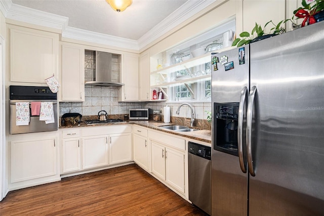 kitchen with wall chimney exhaust hood, sink, dark hardwood / wood-style floors, stainless steel appliances, and decorative backsplash