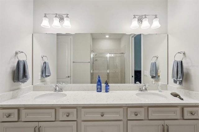 bathroom featuring vanity and walk in shower