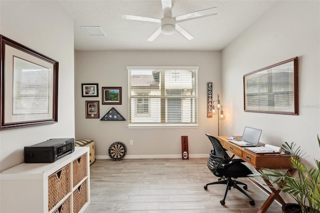 office area featuring ceiling fan, a textured ceiling, and light wood-type flooring