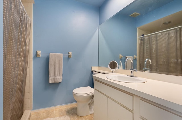 bathroom with curtained shower, tile patterned flooring, toilet, vanity, and visible vents