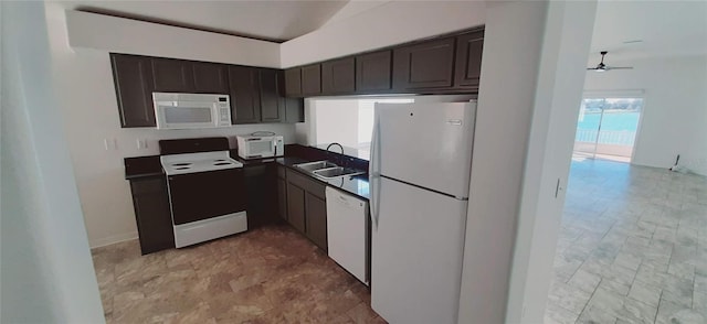 kitchen featuring sink, white appliances, dark brown cabinets, and ceiling fan