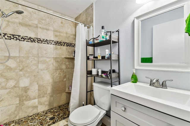 bathroom featuring vanity, toilet, and curtained shower