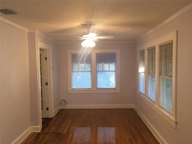 unfurnished dining area featuring crown molding, ceiling fan, and dark hardwood / wood-style flooring