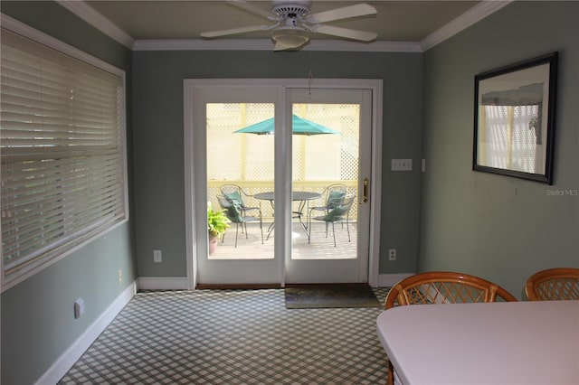 doorway with crown molding and ceiling fan