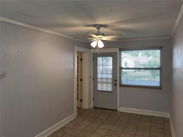 doorway with tile patterned flooring, crown molding, and ceiling fan