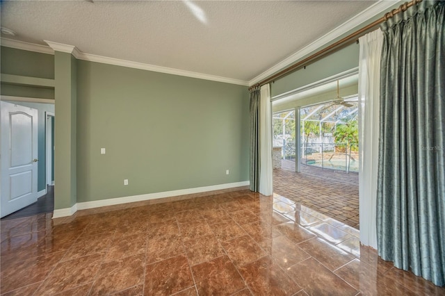 spare room with crown molding, ceiling fan, and a textured ceiling