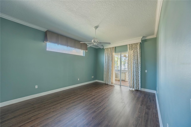 unfurnished room featuring dark hardwood / wood-style flooring, ceiling fan, ornamental molding, and a textured ceiling