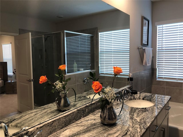 bathroom featuring vanity and walk in shower