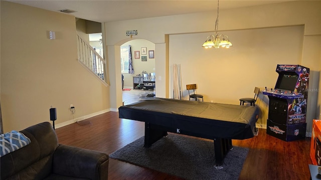 recreation room featuring dark hardwood / wood-style flooring and billiards