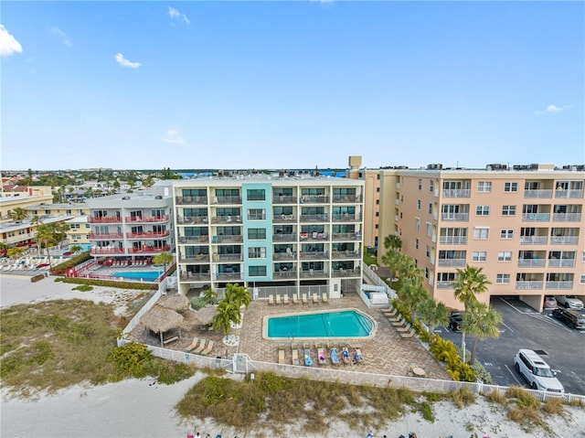 view of building exterior with a water view