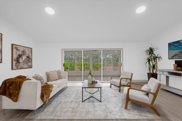 living room featuring lofted ceiling and hardwood / wood-style floors