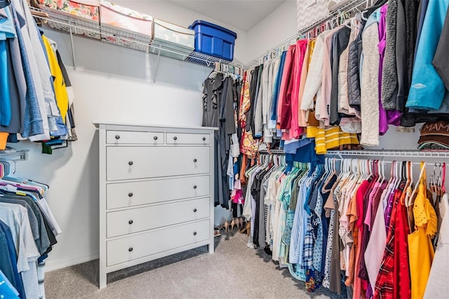 spacious closet featuring light colored carpet