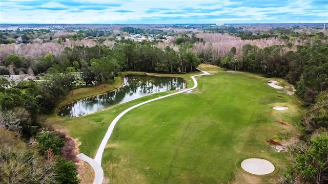 bird's eye view featuring a water view and a forest view