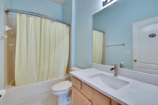 bathroom with vanity, shower / bath combination with curtain, toilet, and tile patterned floors