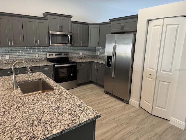 kitchen with appliances with stainless steel finishes, sink, light wood-type flooring, stone counters, and decorative backsplash