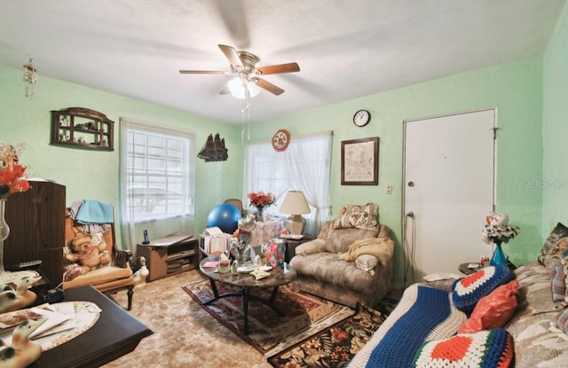 interior space featuring ceiling fan