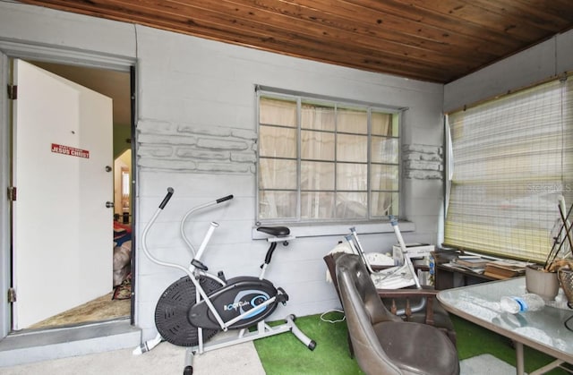 interior space featuring wooden ceiling