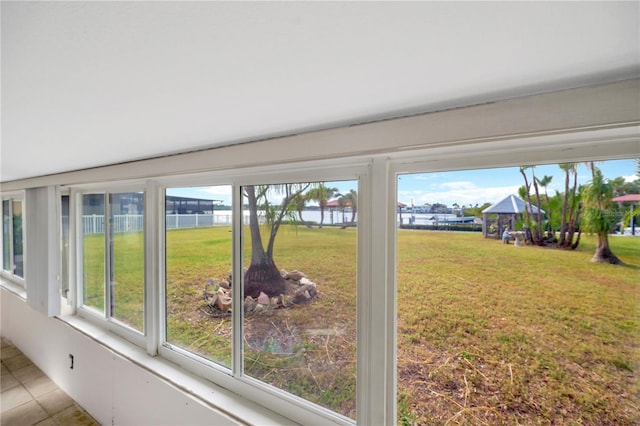 interior space featuring a water view