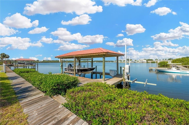 dock with boat lift and a water view