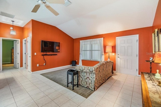 tiled living room featuring vaulted ceiling and ceiling fan