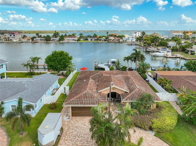 drone / aerial view with a water view