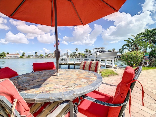 view of patio / terrace featuring a water view and a boat dock