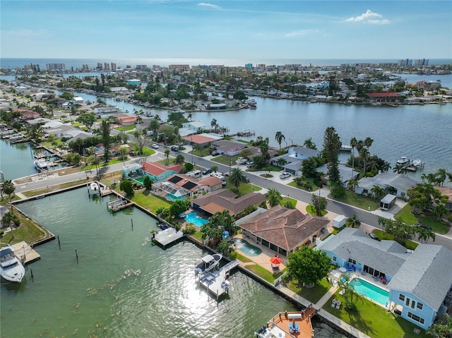 aerial view featuring a water view