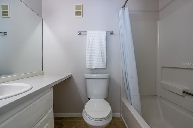 full bathroom featuring tile patterned flooring, vanity, shower / bath combination with curtain, and toilet