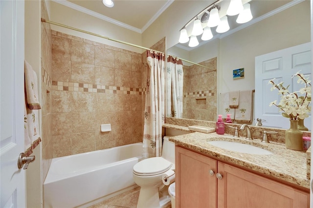 full bathroom with tile patterned floors, toilet, crown molding, vanity, and shower / bathtub combination with curtain