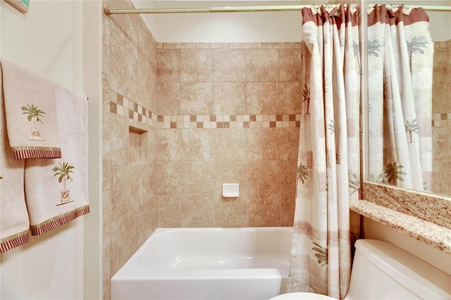 bathroom with shower / bathtub combination with curtain and toilet