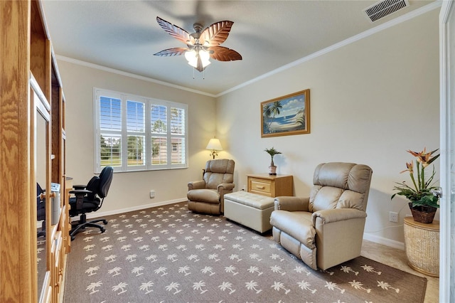 office area featuring crown molding and ceiling fan