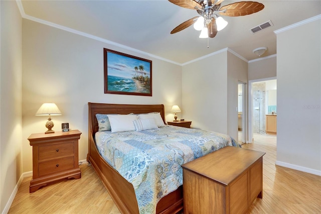 bedroom featuring connected bathroom, crown molding, light hardwood / wood-style floors, and ceiling fan