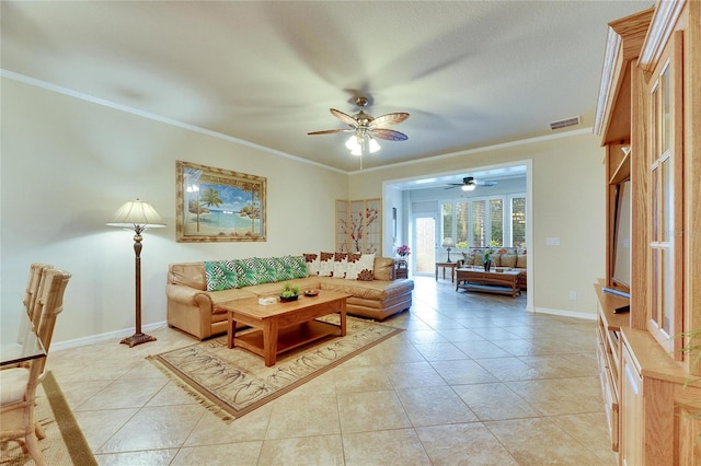 tiled living room featuring ornamental molding