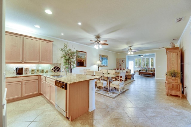 kitchen with light brown cabinetry, sink, crown molding, stainless steel dishwasher, and kitchen peninsula