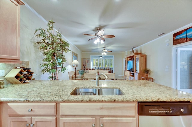 kitchen featuring sink, crown molding, light brown cabinets, dishwasher, and backsplash